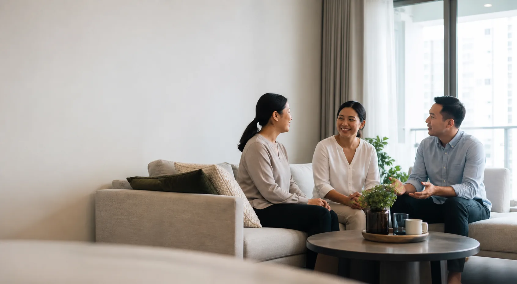 Domestic helper speaking with a family